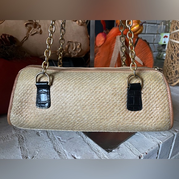 Ralph Lauren Vintage Rare Rafia & Croc Embossed Leather Chain Strap Shoulder Bag - Picture 6 of 13